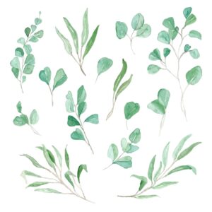 Akvarelové lístky a větvičky na bílém pozadí.